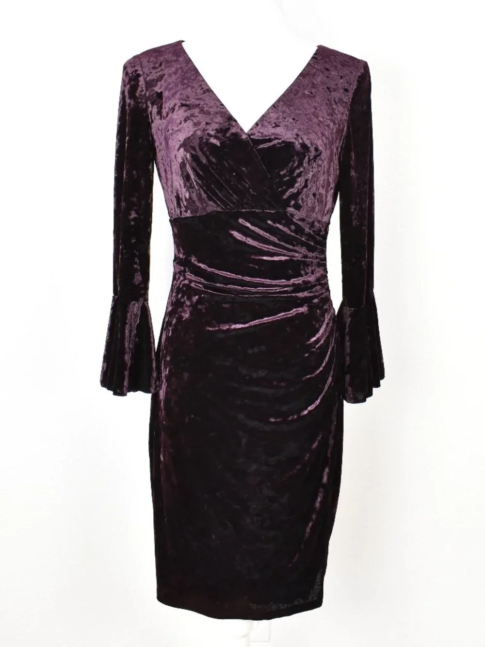Lauren Ralph Lauren Velvet Faux Wrap Flutter Bell Sleeve Sheath Dress - 8 - Picture 3 of 10